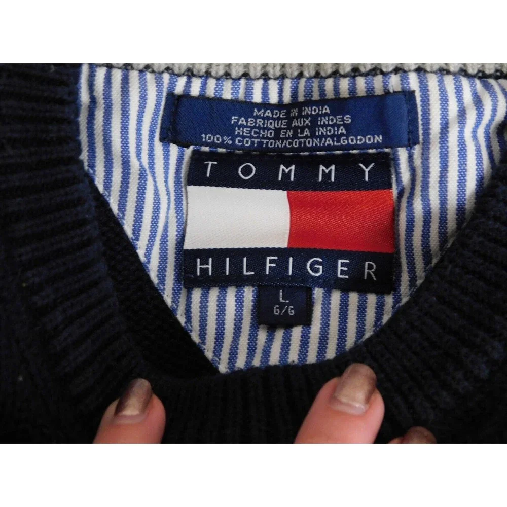 Men's Tommy Hilfiger Crest Sweater Crew Neck Navy Blue Size Large‎ Vintage